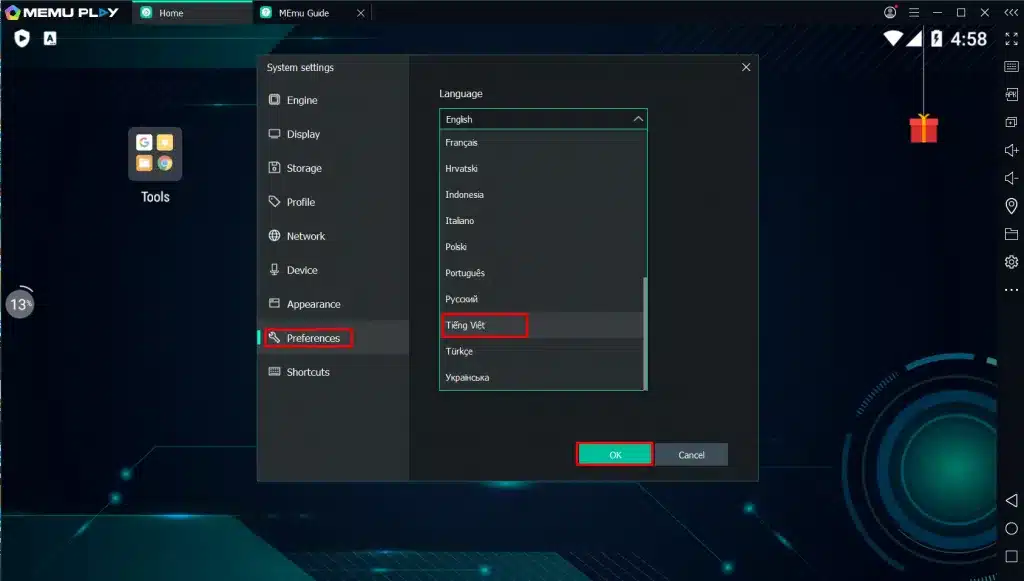 Cách thay đổi ngôn ngữ thành tiếng Việt trong MEmu bước 4