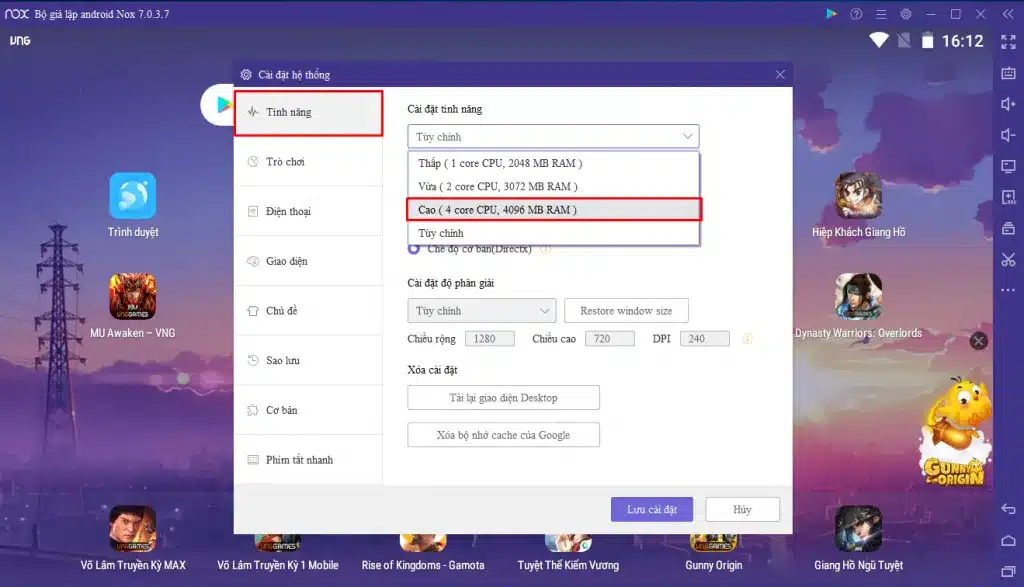 Định cấu hình lại cho CPU và RAM của NoxPlayer bước 2