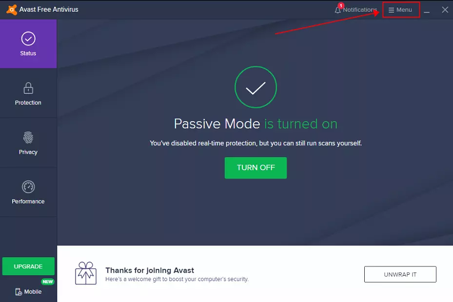 Mở Avast và nhấp vào “Menu” ở phía trên bên phải