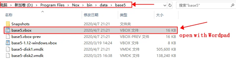 Tìm và mở file base.vbox bằng Wordpad.